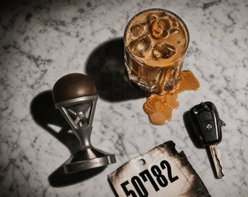 Close-up of the HF-11 coffee tamper showing the aerospace-grade CNC aluminum and warm wooden grip inspired by classic car shifters.